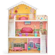 Load image into Gallery viewer, Kids 44in Height 3-Story Wooden Open Dollhouse Set w/ 5 Rooms, Accessories
