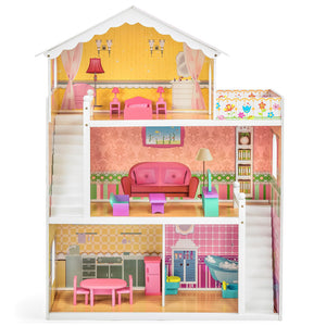 Kids 44in Height 3-Story Wooden Open Dollhouse Set w/ 5 Rooms, Accessories