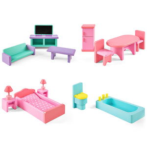 Kids 44in Height 3-Story Wooden Open Dollhouse Set w/ 5 Rooms, Accessories