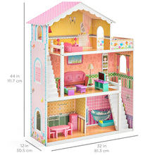 Load image into Gallery viewer, Kids 44in Height 3-Story Wooden Open Dollhouse Set w/ 5 Rooms, Accessories
