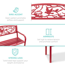 Load image into Gallery viewer, Steel Garden Bench for Outdoor Patio w/ Pastoral Bird Backrest - 50in
