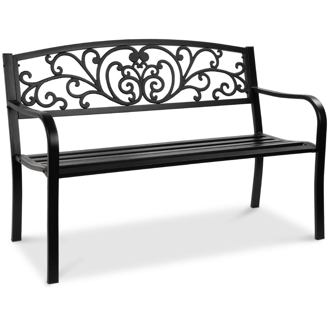 Steel Bench for Outdoor, Patio, Garden w/ Floral Design