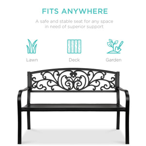 Steel Bench for Outdoor, Patio, Garden w/ Floral Design