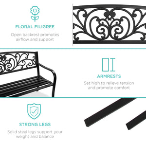 Steel Bench for Outdoor, Patio, Garden w/ Floral Design