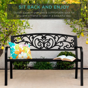 Steel Bench for Outdoor, Patio, Garden w/ Floral Design