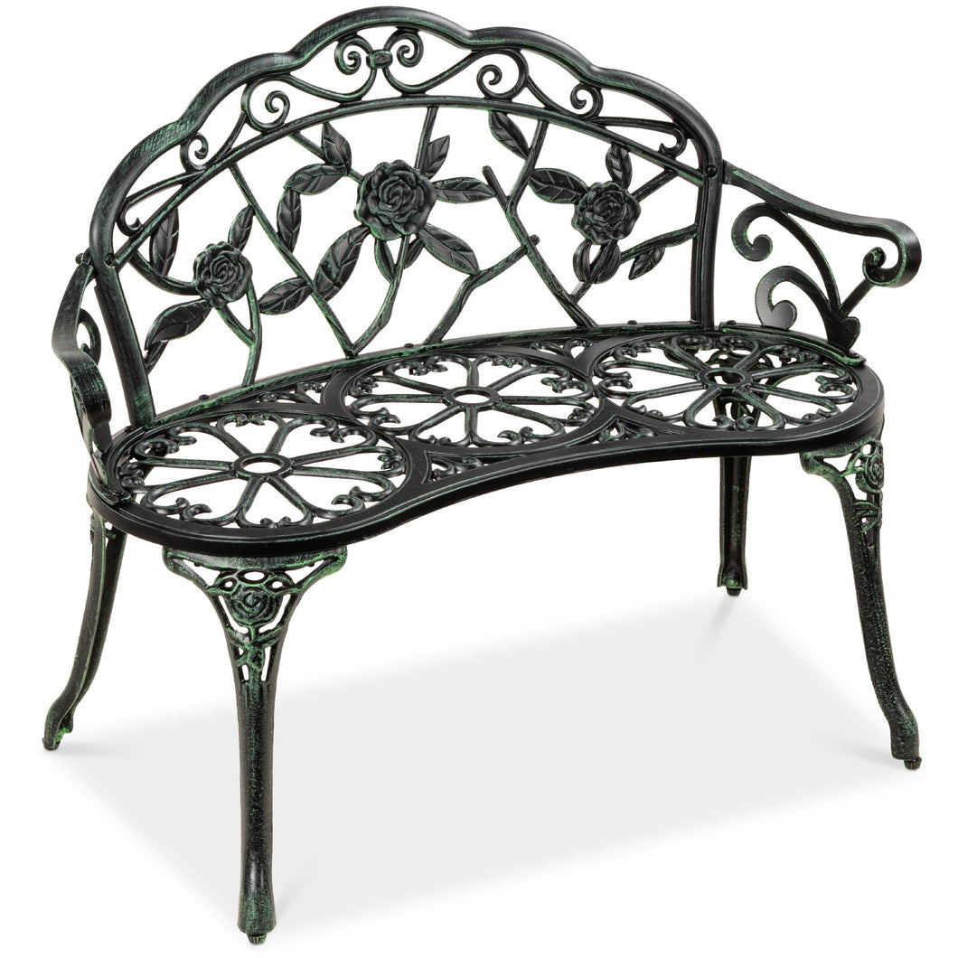 Steel Garden Bench Outdoor Patio Furniture w/ Floral Rose Accent