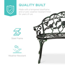 Load image into Gallery viewer, Steel Garden Bench Outdoor Patio Furniture w/ Floral Rose Accent

