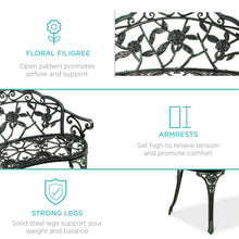 Load image into Gallery viewer, Steel Garden Bench Outdoor Patio Furniture w/ Floral Rose Accent
