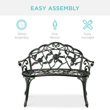 Load image into Gallery viewer, Steel Garden Bench Outdoor Patio Furniture w/ Floral Rose Accent

