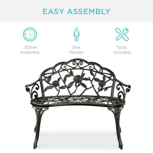 Steel Garden Bench Outdoor Patio Furniture w/ Floral Rose Accent