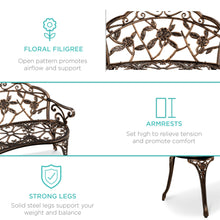 Load image into Gallery viewer, Steel Garden Bench Outdoor Patio Furniture w/ Floral Rose Accent

