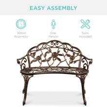 Load image into Gallery viewer, Steel Garden Bench Outdoor Patio Furniture w/ Floral Rose Accent
