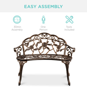 Steel Garden Bench Outdoor Patio Furniture w/ Floral Rose Accent