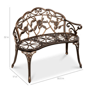 Steel Garden Bench Outdoor Patio Furniture w/ Floral Rose Accent
