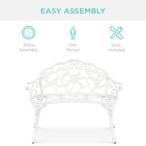 Steel Garden Bench Outdoor Patio Furniture w/ Floral Rose Accent