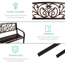 Load image into Gallery viewer, Steel Bench for Outdoor, Patio, Garden w/ Floral Design
