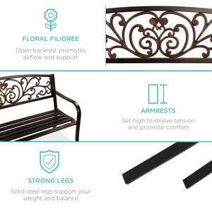 Steel Bench for Outdoor, Patio, Garden w/ Floral Design