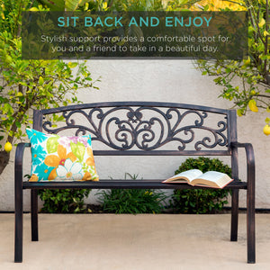 Steel Bench for Outdoor, Patio, Garden w/ Floral Design