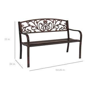 Steel Bench for Outdoor, Patio, Garden w/ Floral Design