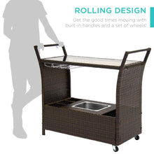 Load image into Gallery viewer, Wicker Serving Bar Cart w/ Wheels, Glass Counter, Ice Bucket
