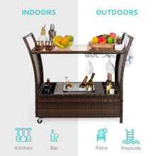 Load image into Gallery viewer, Wicker Serving Bar Cart w/ Wheels, Glass Counter, Ice Bucket

