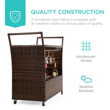 Load image into Gallery viewer, Wicker Serving Bar Cart w/ Wheels, Glass Counter, Ice Bucket
