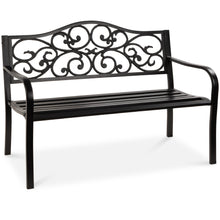 Load image into Gallery viewer, Steel Garden Bench for Outdoor Patio w/ Floral Design Backrest
