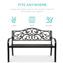 Load image into Gallery viewer, Steel Garden Bench for Outdoor Patio w/ Floral Design Backrest
