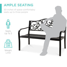 Load image into Gallery viewer, Steel Garden Bench for Outdoor Patio w/ Floral Design Backrest
