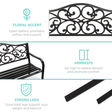 Load image into Gallery viewer, Steel Garden Bench for Outdoor Patio w/ Floral Design Backrest
