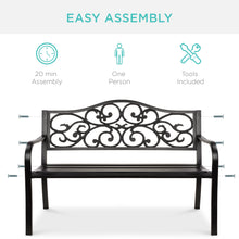 Load image into Gallery viewer, Steel Garden Bench for Outdoor Patio w/ Floral Design Backrest
