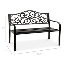 Load image into Gallery viewer, Steel Garden Bench for Outdoor Patio w/ Floral Design Backrest
