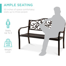 Load image into Gallery viewer, Steel Garden Bench for Outdoor Patio w/ Floral Design Backrest

