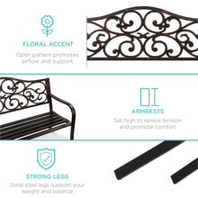 Load image into Gallery viewer, Steel Garden Bench for Outdoor Patio w/ Floral Design Backrest
