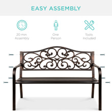 Load image into Gallery viewer, Steel Garden Bench for Outdoor Patio w/ Floral Design Backrest
