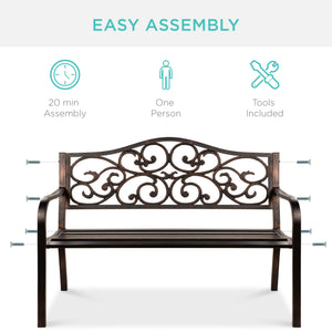 Steel Garden Bench for Outdoor Patio w/ Floral Design Backrest