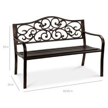 Load image into Gallery viewer, Steel Garden Bench for Outdoor Patio w/ Floral Design Backrest
