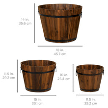 Load image into Gallery viewer, Set of 3 Rustic Wood Bucket Barrel Garden Planters Set w/ Drainage Holes
