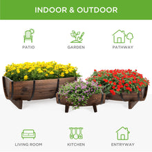 Load image into Gallery viewer, Set of 3 Rustic Wood Half Barrel Garden Planters Set w/ Drainage Holes
