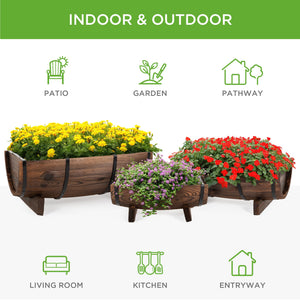 Set of 3 Rustic Wood Half Barrel Garden Planters Set w/ Drainage Holes