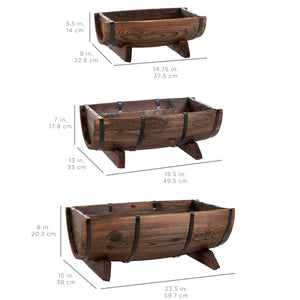 Set of 3 Rustic Wood Half Barrel Garden Planters Set w/ Drainage Holes