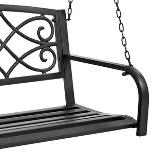 Outdoor Metal Hanging 2-Person Swing Bench w/ Fleur-de-Lis Accents