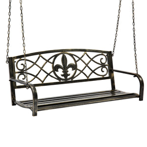 Outdoor Metal Hanging 2-Person Swing Bench w/ Fleur-de-Lis Accents