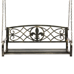 Outdoor Metal Hanging 2-Person Swing Bench w/ Fleur-de-Lis Accents