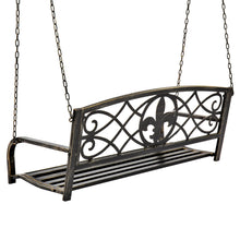 Load image into Gallery viewer, Outdoor Metal Hanging 2-Person Swing Bench w/ Fleur-de-Lis Accents
