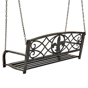 Outdoor Metal Hanging 2-Person Swing Bench w/ Fleur-de-Lis Accents