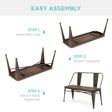 Load image into Gallery viewer, Industrial Metal Farmhouse Dining Bench w/ Wood Seat, Removable Back - 42in
