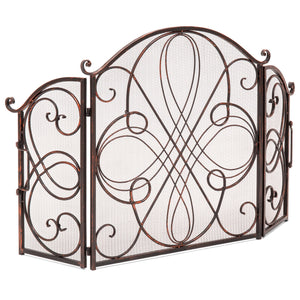 3-Panel 55x33in Wrought Iron Metal Fireplace Screen Cover w/ Scroll Design