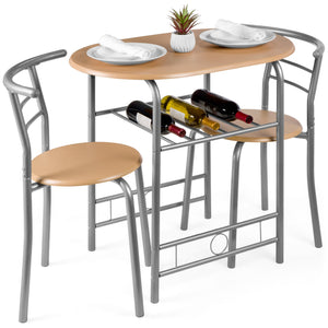 3-Piece Wooden Table & Chairs Dining Set w/ Lower Storage Shelf