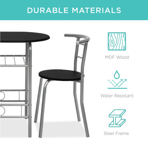 3-Piece Wooden Table & Chairs Dining Set w/ Lower Storage Shelf